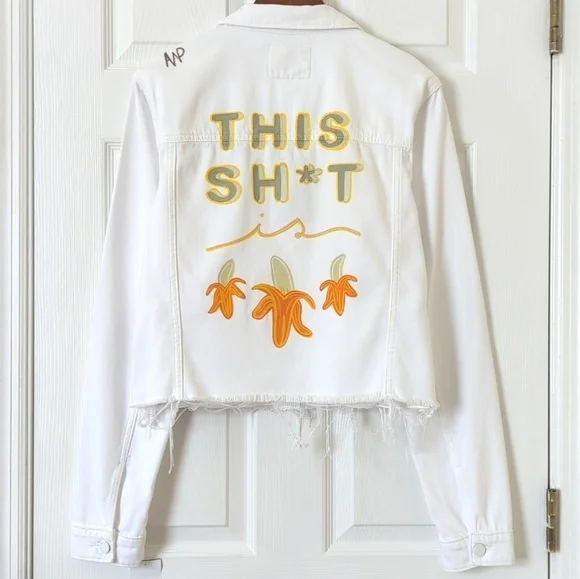 Paige Vivienne This Sh*t Is Bananas Custom Relaxed Cropped Denim Jacket White L - Picture 11 of 15